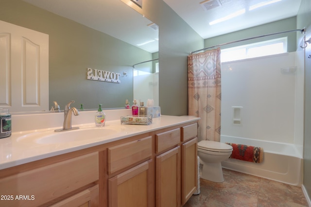 bathroom with toilet, shower / bathtub combination with curtain, visible vents, and vanity