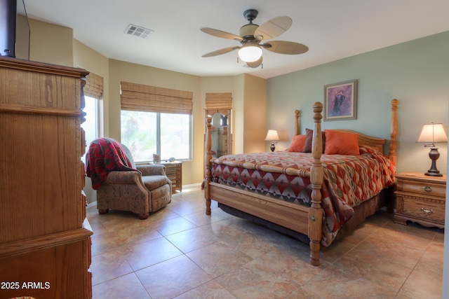 bedroom featuring visible vents, ceiling fan, and baseboards