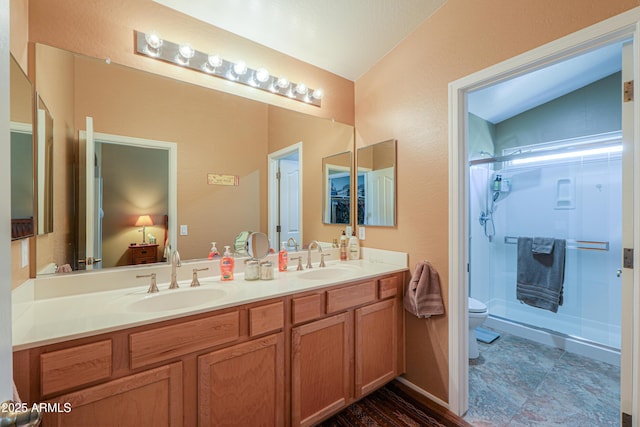 full bath with a stall shower, a sink, toilet, and double vanity