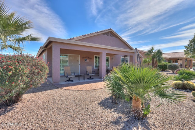 rear view of property with covered porch and stucco siding