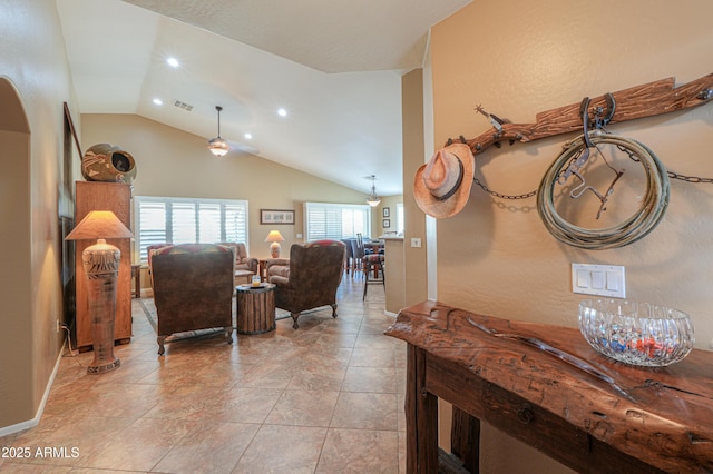 living room featuring arched walkways, recessed lighting, visible vents, light tile patterned flooring, and vaulted ceiling