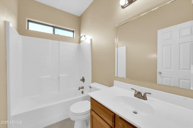 full bathroom featuring washtub / shower combination, vanity, toilet, and tile patterned flooring