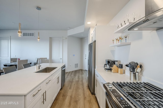 kitchen with pendant lighting, range hood, sink, white cabinets, and stainless steel appliances