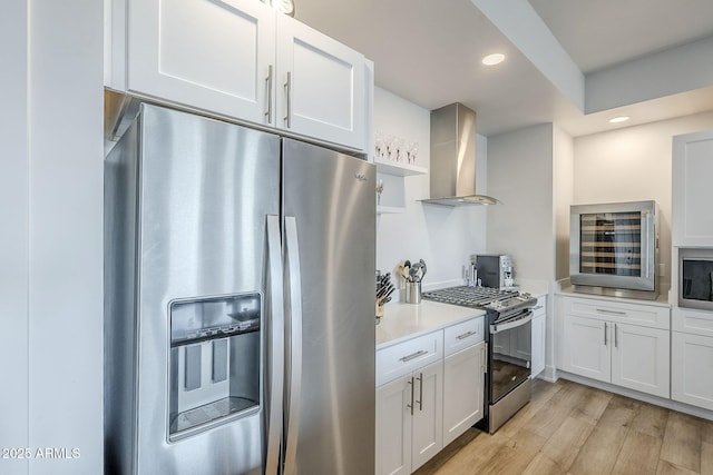 kitchen featuring white cabinetry, stainless steel appliances, light wood-type flooring, and wall chimney range hood