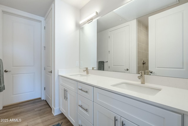 bathroom featuring vanity and hardwood / wood-style floors