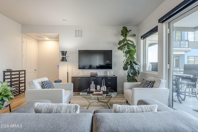 living room with light hardwood / wood-style flooring