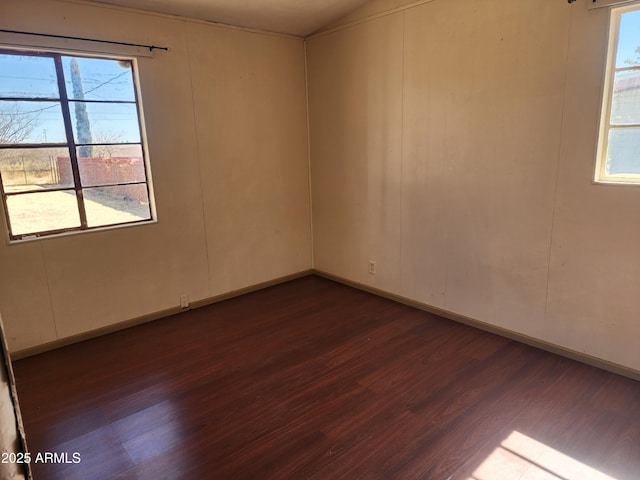 unfurnished room with lofted ceiling, dark wood-style flooring, and plenty of natural light