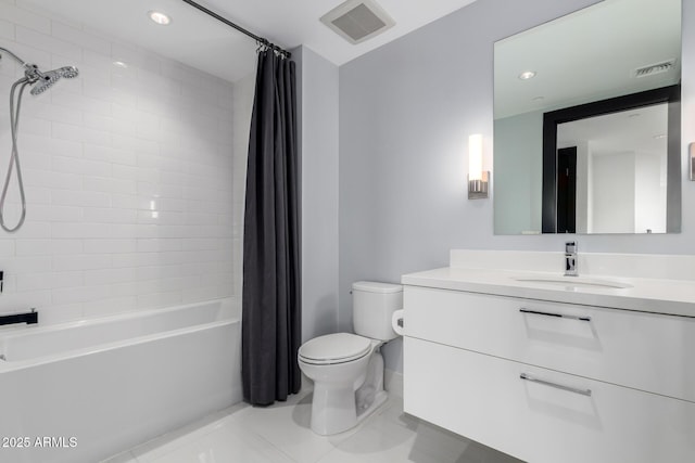 full bathroom featuring toilet, vanity, and shower / bathtub combination with curtain