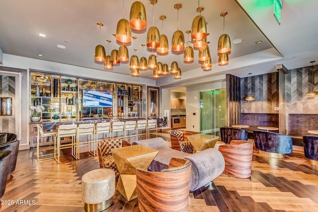 dining area with parquet floors