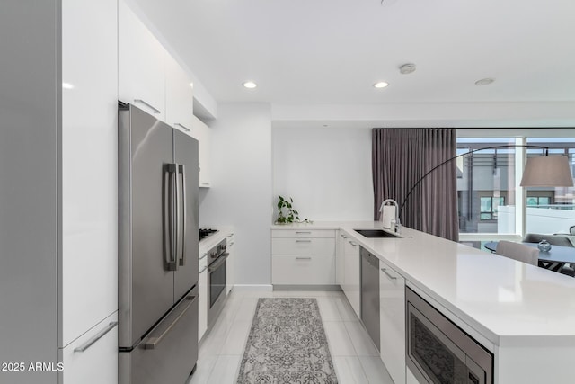 kitchen with white cabinets, appliances with stainless steel finishes, sink, and kitchen peninsula