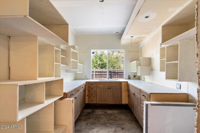 kitchen with kitchen peninsula, crown molding, and sink