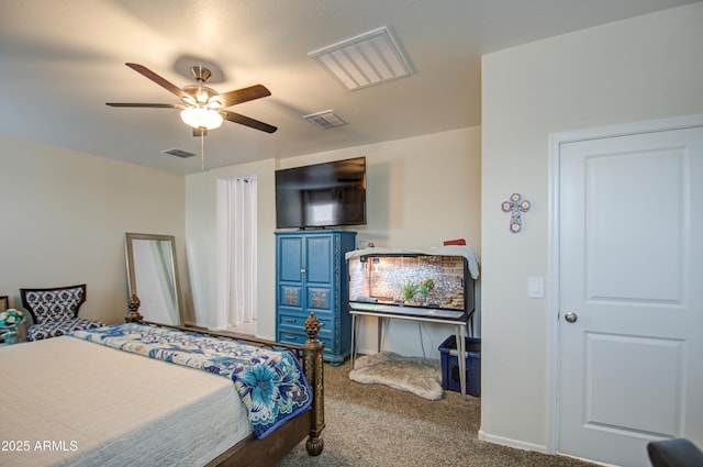 bedroom featuring a ceiling fan, carpet, visible vents, and baseboards