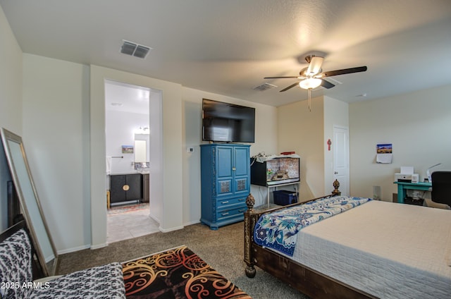 bedroom featuring baseboards, visible vents, ceiling fan, and carpet flooring