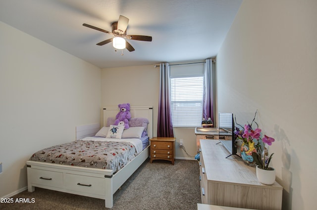 bedroom featuring carpet, ceiling fan, and baseboards