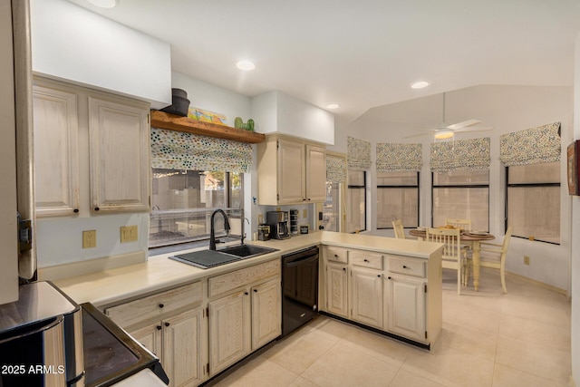 kitchen with ceiling fan, dishwasher, sink, kitchen peninsula, and light tile patterned flooring