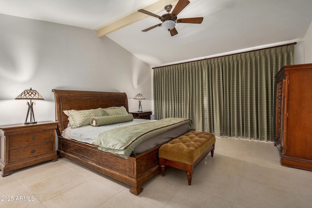 bedroom with vaulted ceiling with beams and ceiling fan