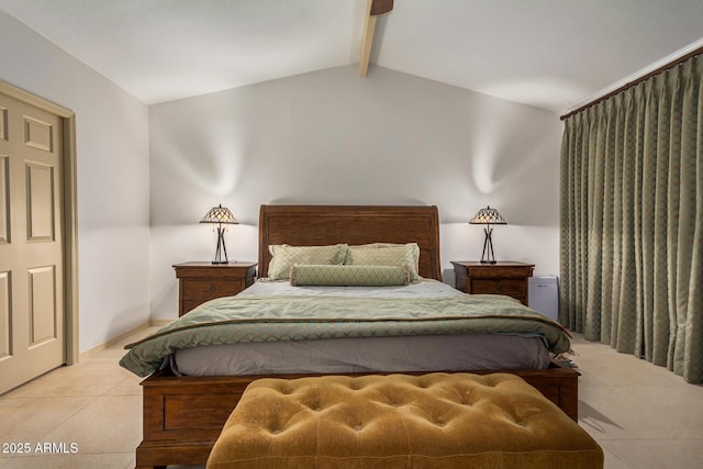 bedroom featuring vaulted ceiling with beams