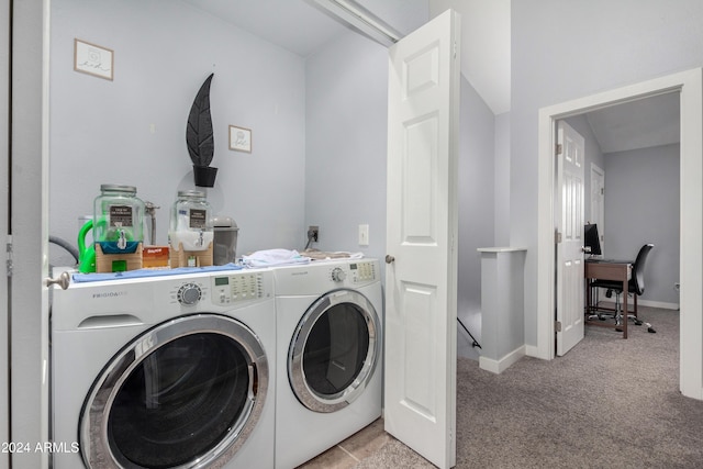 washroom with light colored carpet and independent washer and dryer