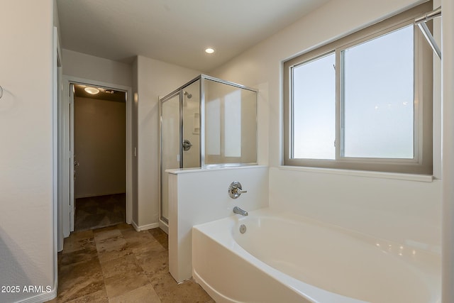2408 W Saint Kateri Dr, Phoenix, AZ 85041 - bathroom featuring stone finish floor, a shower stall, recessed lighting, and a garden tub