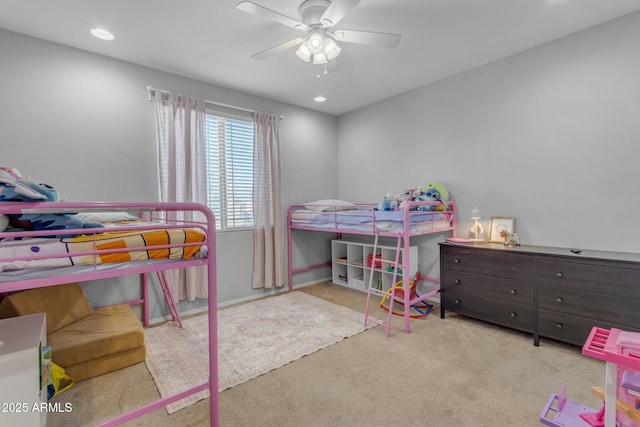 bedroom featuring a ceiling fan, carpet flooring, and recessed lighting