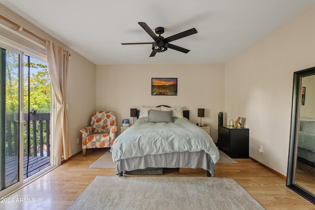 bedroom featuring ceiling fan, access to exterior, and light hardwood / wood-style flooring