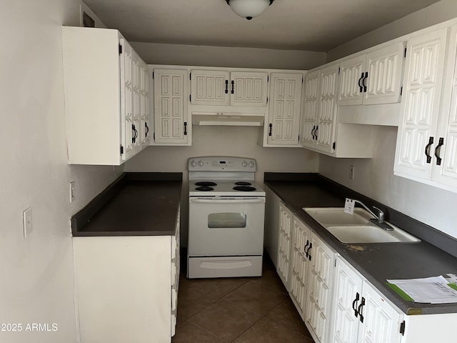 kitchen featuring white cabinetry, white electric stove, and sink