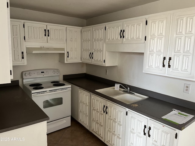 kitchen featuring sink, white cabinets, and white range with electric stovetop