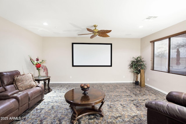 cinema room featuring recessed lighting, visible vents, ceiling fan, and baseboards