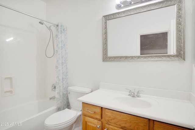 bathroom with vanity, toilet, and shower / tub combo with curtain