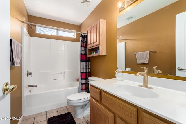 bathroom with visible vents, tile patterned floors, shower / bath combination with curtain, and toilet