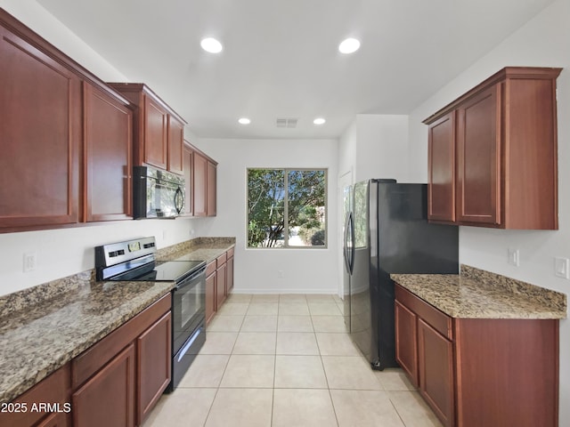 kitchen with visible vents, stone counters, recessed lighting, black appliances, and dark brown cabinets