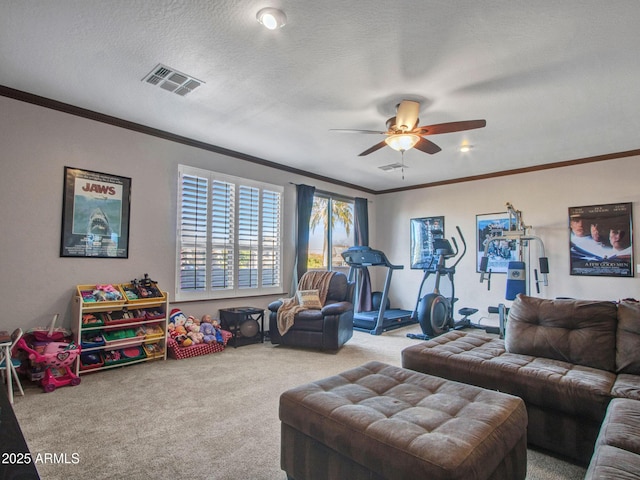 carpeted living room with crown molding, ceiling fan, and a textured ceiling