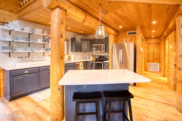 kitchen with hanging light fixtures, stainless steel appliances, light hardwood / wood-style floors, decorative backsplash, and wooden ceiling