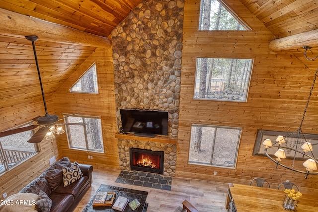 unfurnished living room featuring high vaulted ceiling, hardwood / wood-style floors, wooden ceiling, and a fireplace