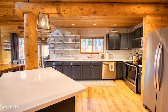 kitchen featuring decorative light fixtures, sink, wood ceiling, light hardwood / wood-style floors, and stainless steel appliances