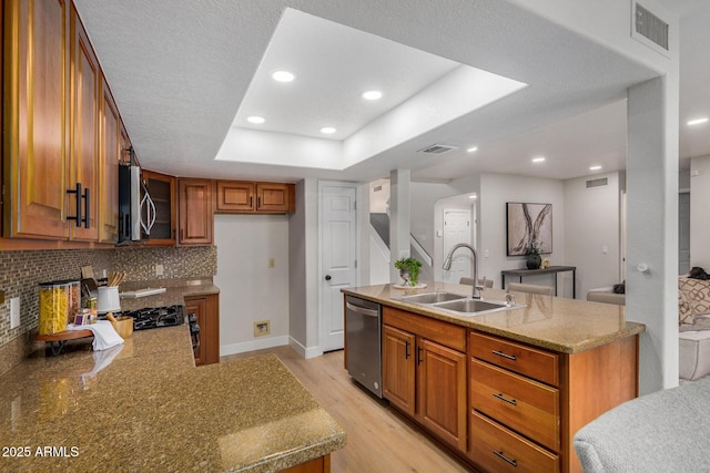 kitchen with sink, light hardwood / wood-style flooring, appliances with stainless steel finishes, a tray ceiling, and light stone countertops