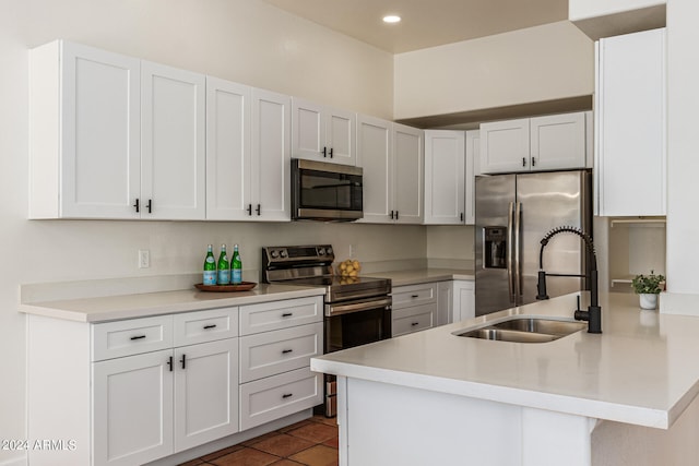 kitchen with sink, appliances with stainless steel finishes, dark tile patterned flooring, kitchen peninsula, and white cabinets