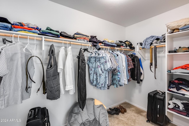 spacious closet featuring light carpet