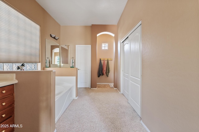 full bathroom featuring a bath, a healthy amount of sunlight, carpet, and vanity
