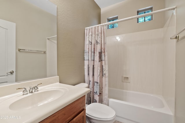 full bath with toilet, shower / bathtub combination with curtain, and vanity