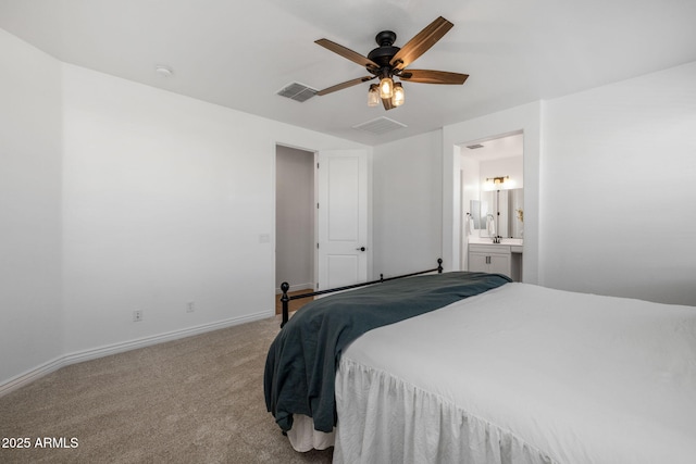 bedroom with visible vents, carpet flooring, baseboards, and ceiling fan