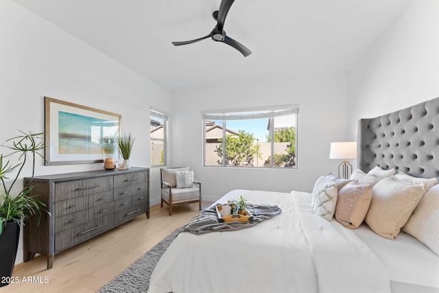 bedroom featuring ceiling fan and light wood-type flooring