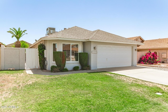 18219 N 19th St, Phoenix, AZ 85022 - view of front of house with a garage, concrete driveway, central air condition unit, stucco siding, and roof with shingles
