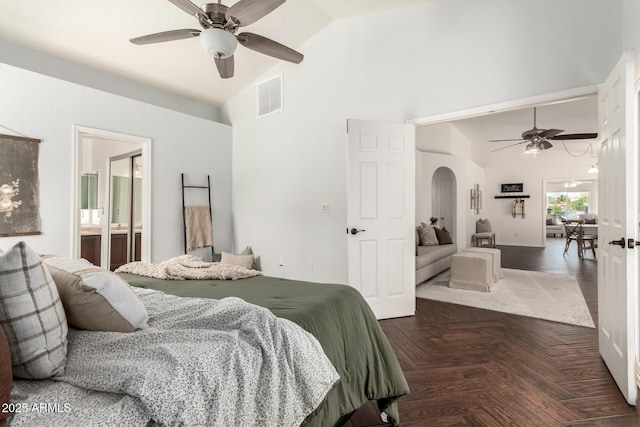 18219 N 19th St, Phoenix, AZ 85022 - bedroom with arched walkways, high vaulted ceiling, and ceiling fan