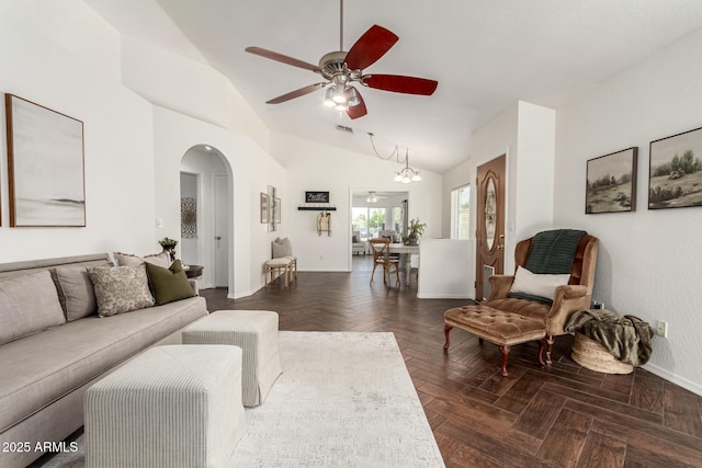18219 N 19th St, Phoenix, AZ 85022 - living room with ceiling fan, arched walkways, lofted ceiling, and baseboards