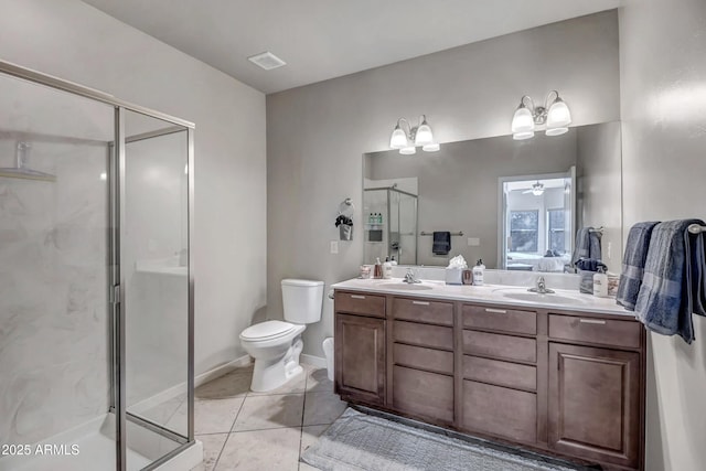 33 Monterey Cir, Sedona, AZ 86351 - bathroom featuring a stall shower, double vanity, toilet, ceiling fan, and tile patterned flooring