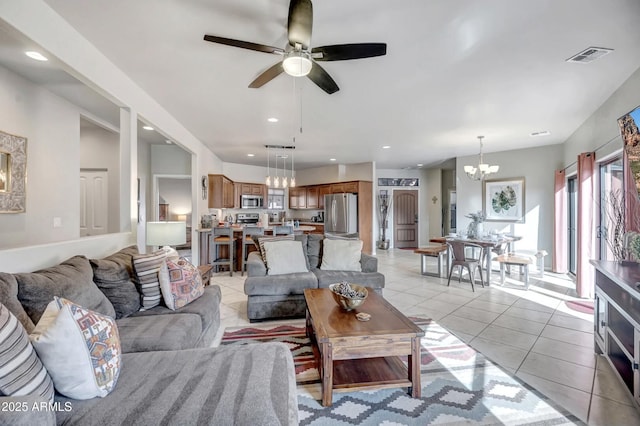 33 Monterey Cir, Sedona, AZ 86351 - living area featuring a chandelier, ceiling fan, light tile patterned floors, and recessed lighting