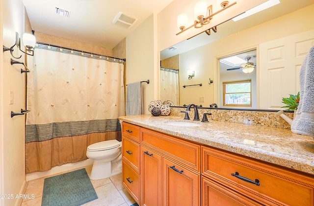 bathroom featuring toilet, tile patterned floors, vanity, and visible vents