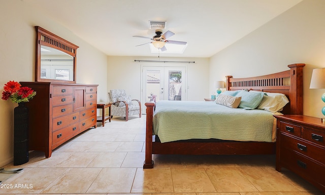 bedroom with light tile patterned floors, visible vents, access to exterior, and ceiling fan