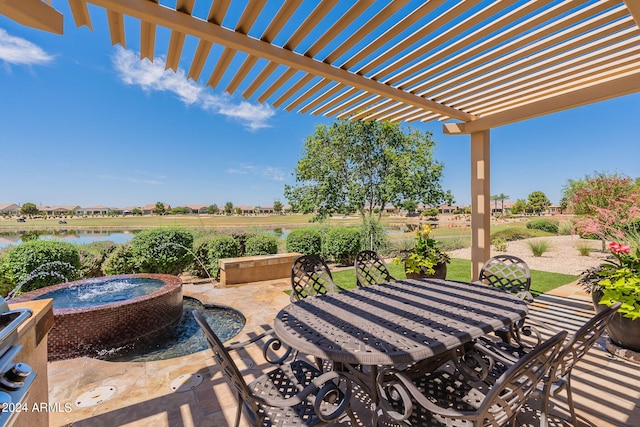 view of patio featuring a pergola, an in ground hot tub, a water view, and pool water feature